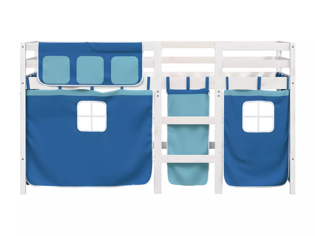 Lit mezzanine enfants et rideaux bleu 90x190cm bois pin massif
