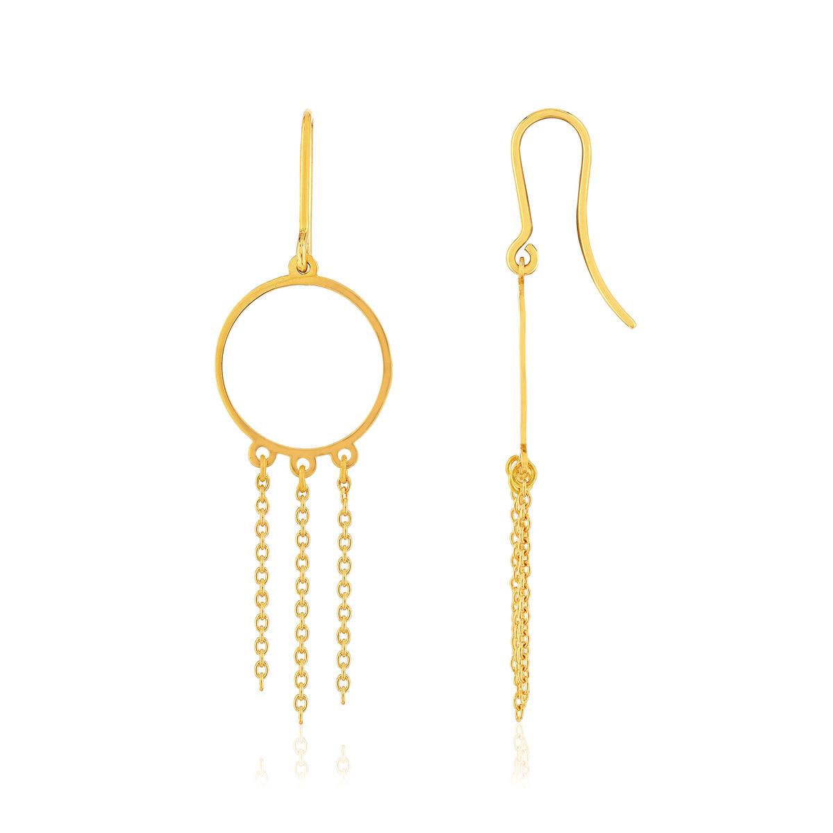 Boucles d'oreilles or 750 jaune, anneaux avec chaînettes en pampille