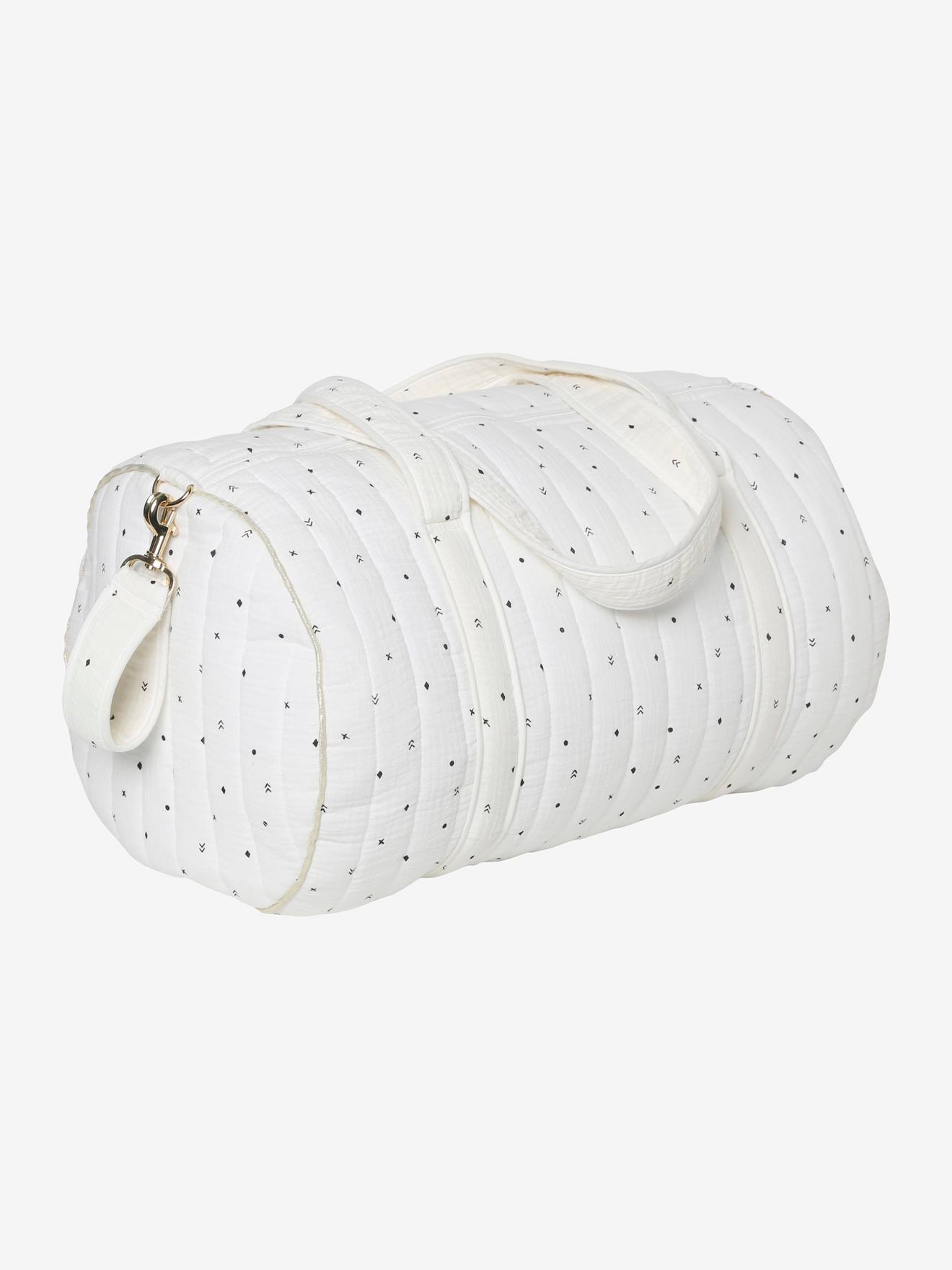 Bolsa de maternidade Baby Roll em gaze de algodão branca tamanho médio com estampa.