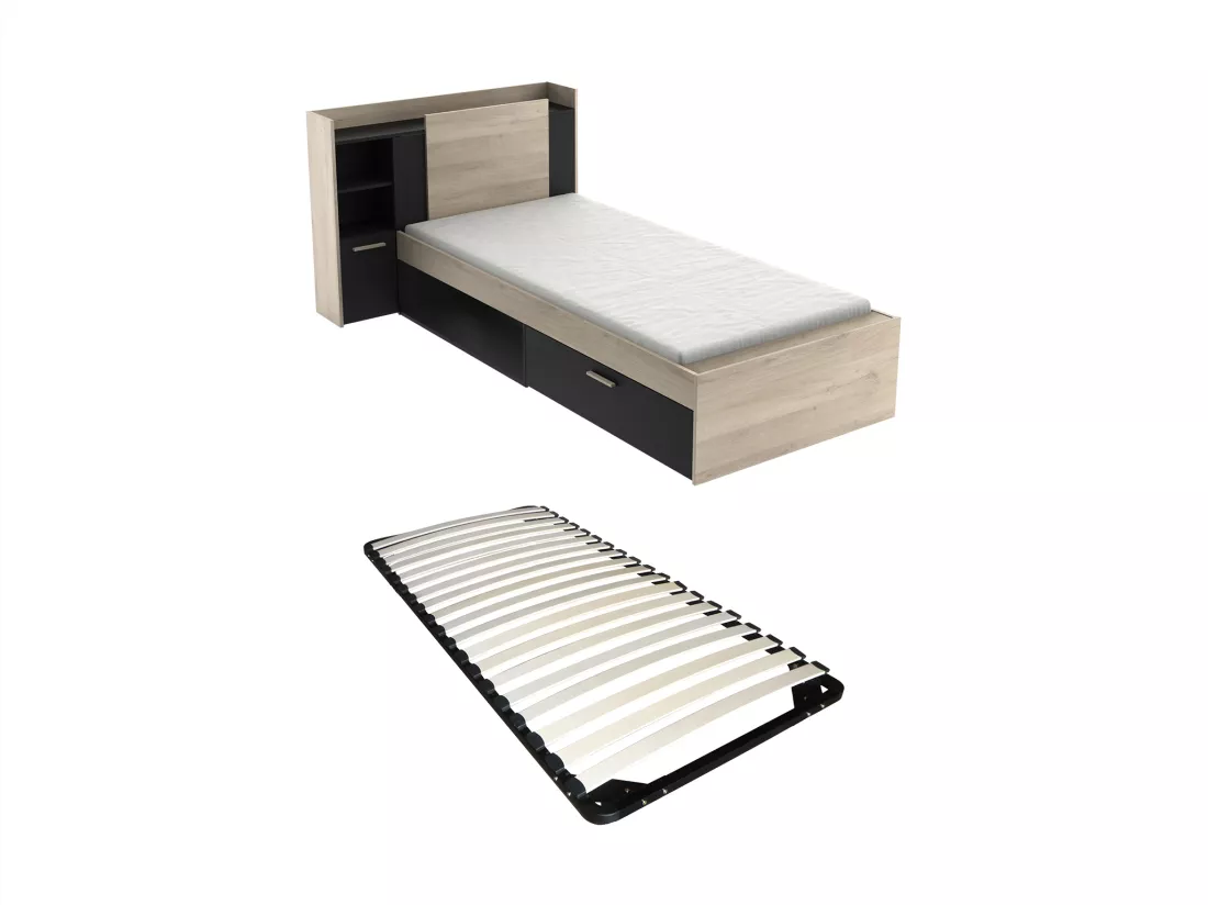 Lit modulable 90 x 190/200 cm avec rangements - Noir et naturel + Sommier - MARTELO