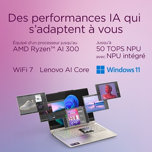 PC portable Lenovo Yoga 7 16AKP10 16'' OLED 2.8k 120 Hz écran tactile Copilot+PC AMD Ryzen 7 AI 16 Go RAM 512 Go SSD Gris sable