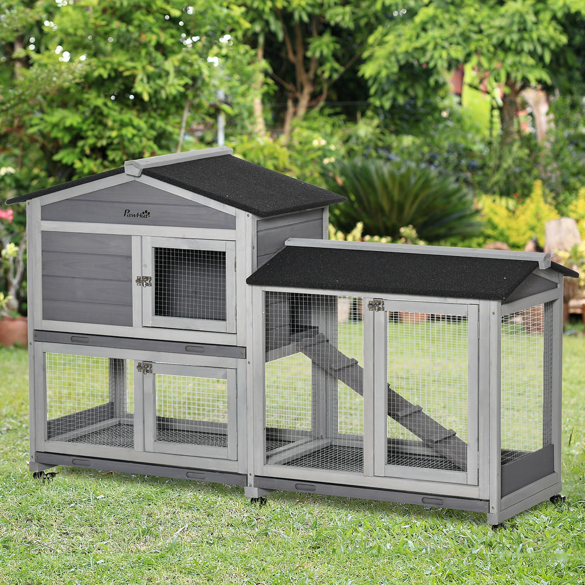 PawHut Kleintierstall mit 6 Rädern grau 157,4L x 53B x 99,5H cm