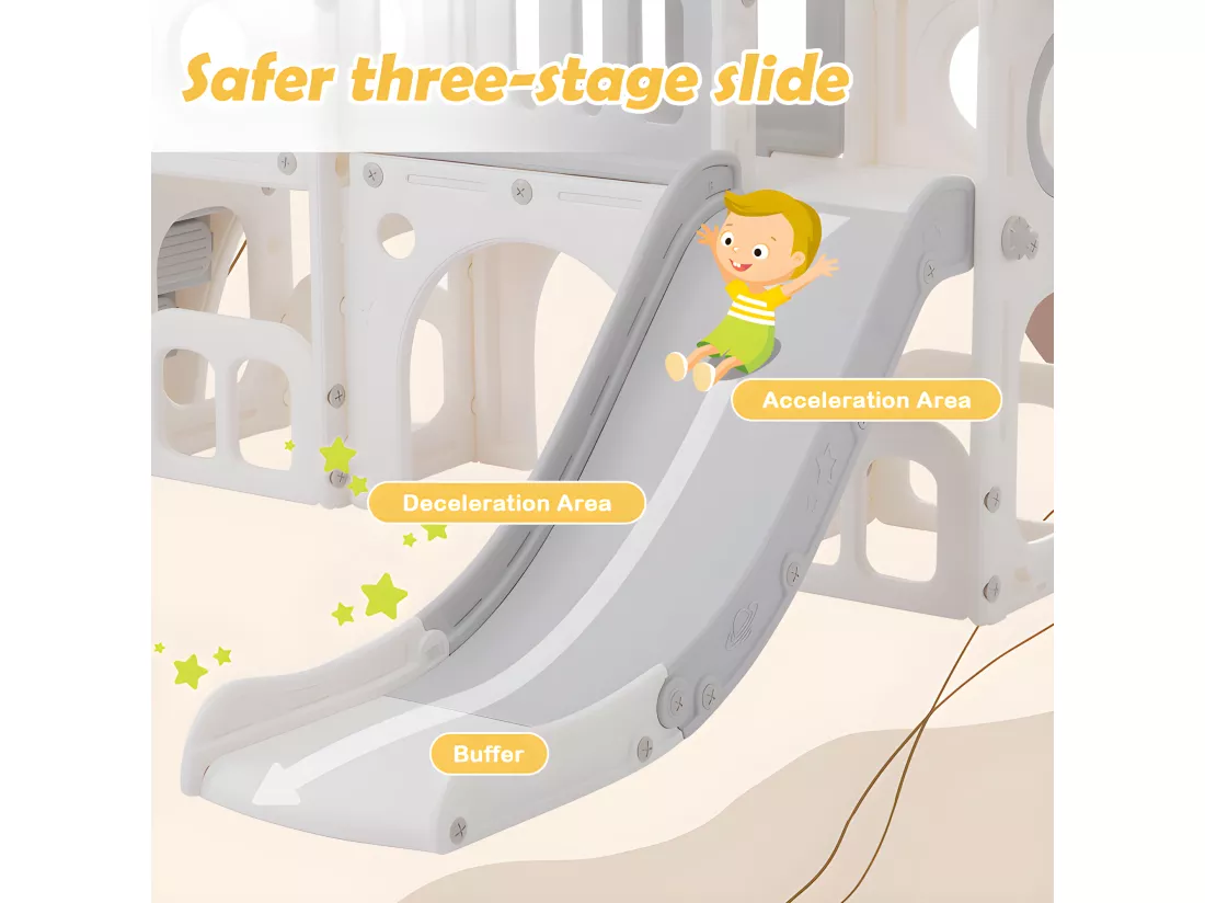 Toboggan pour enfants 6 en 1 - composé d'un toboggan, d'un panier de basket, d'un escalier, d'un tunnel et de deux rangements - Polyéthylène - Gris clair