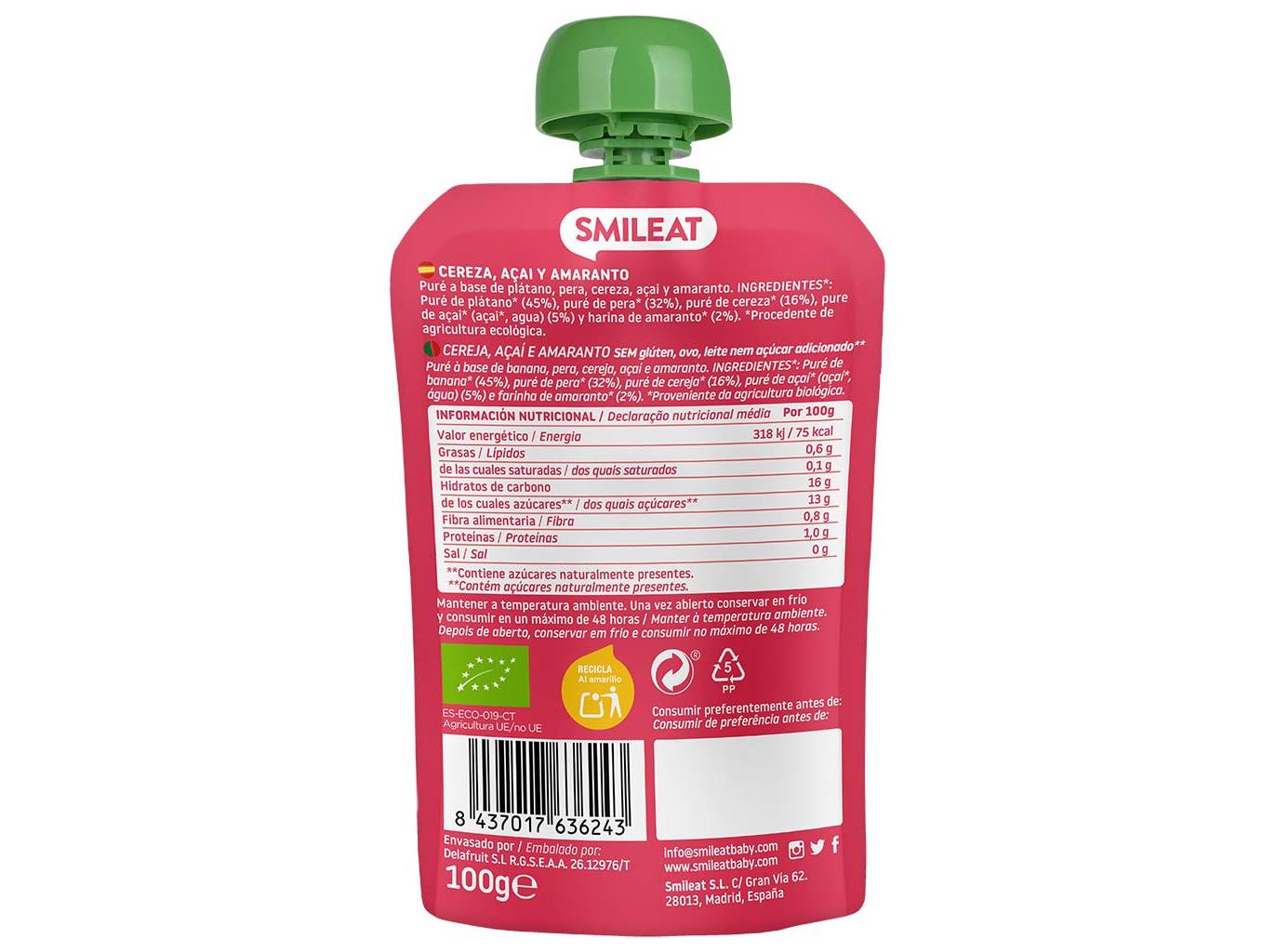SAQUETA FRUTA SMILEAT BIO CEREJA AÇAÍ AMARANTO 100G
