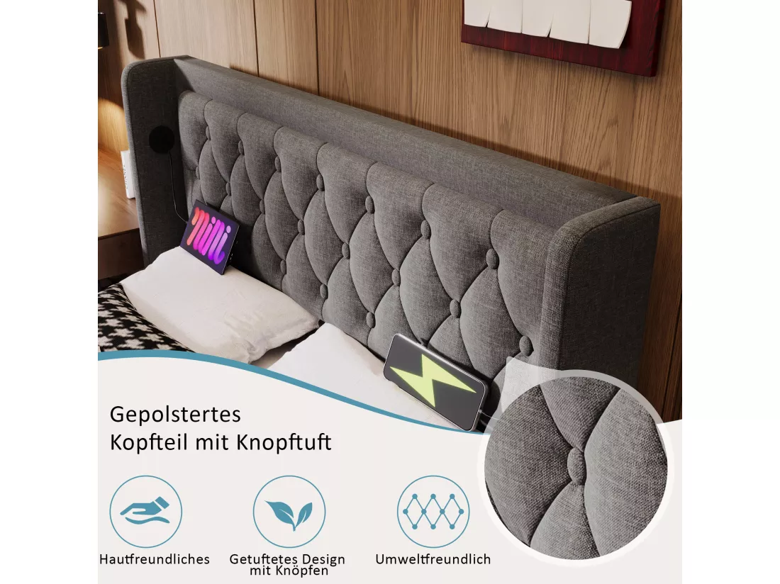 Lit coffre 140 x 200 cm avec tête de lit - Prises USB et Type-C - LEDs - Tissu en coton - Gris (sans matelas)