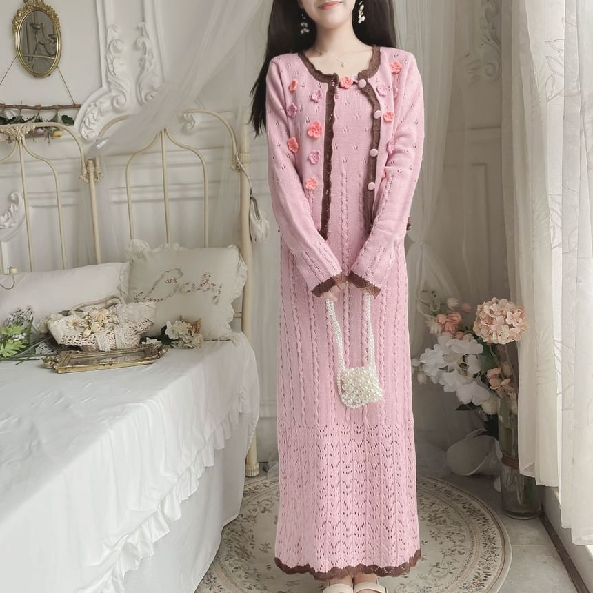 Moregirl - Set: Spaghettibandjes, bloemenaccent, pointelle midi A-lijn gebreide jurk + ronde hals vest
