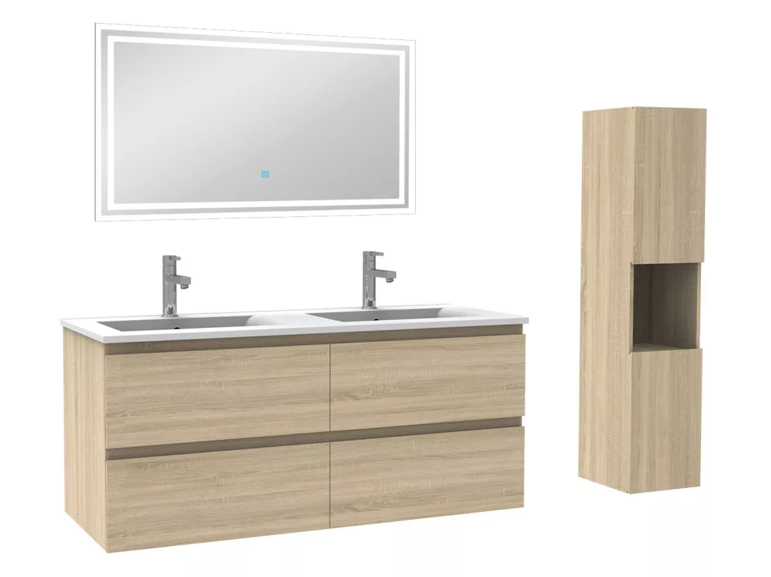 Meubles double vasque l.120 x H.52 x P.46cm, meuble acve colonne + miroir lumineux Chêne Wotan, Aica