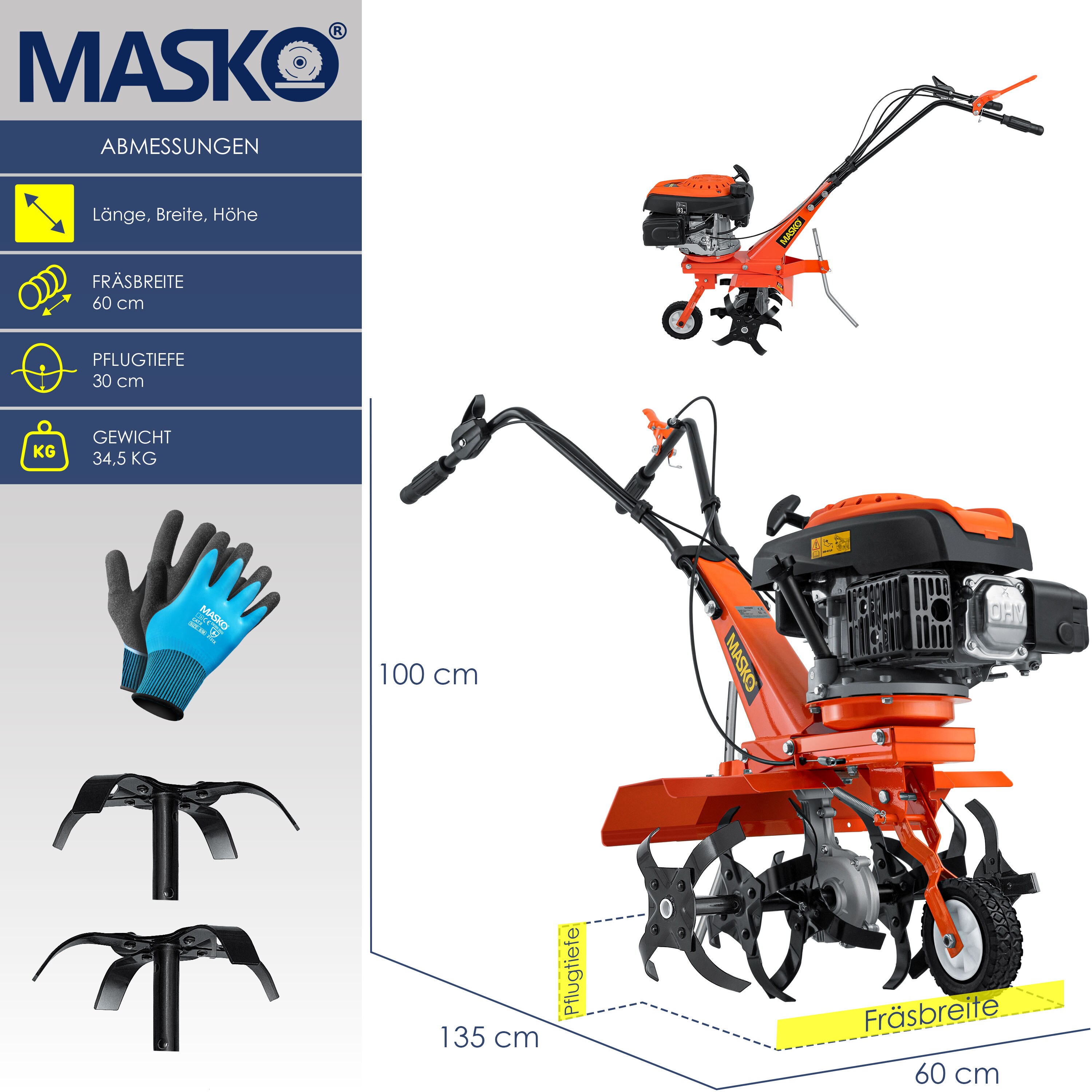 MASKO® Benzin Gartenfräse MK-909 MotorhackeAckerfräse mitArbeitsbreite - 4 Takt Motor- Bodenfräse – Gartenhacke – Kultivator – Bodenhacke