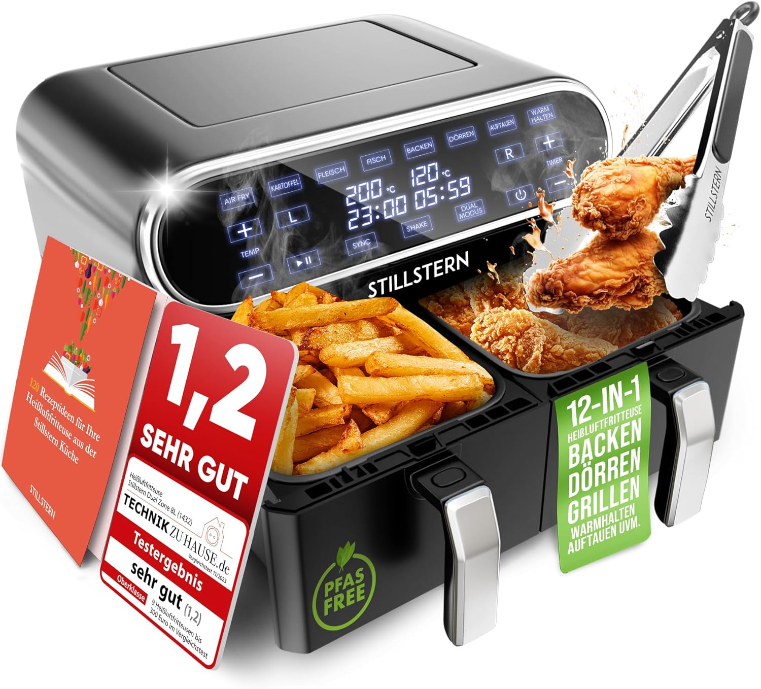 Stillstern Heißluftfritteuse 2 Kammern 8L Dual Zone Airfryer XXL, 2400W, Ausgezeichnet 1,2 (Sehr Gut), Fritteuse Air Fryer, Rezeptbuch, Auftauen&Warmhalten Heissluftfritteuse Doppelkammer, Air Fryers