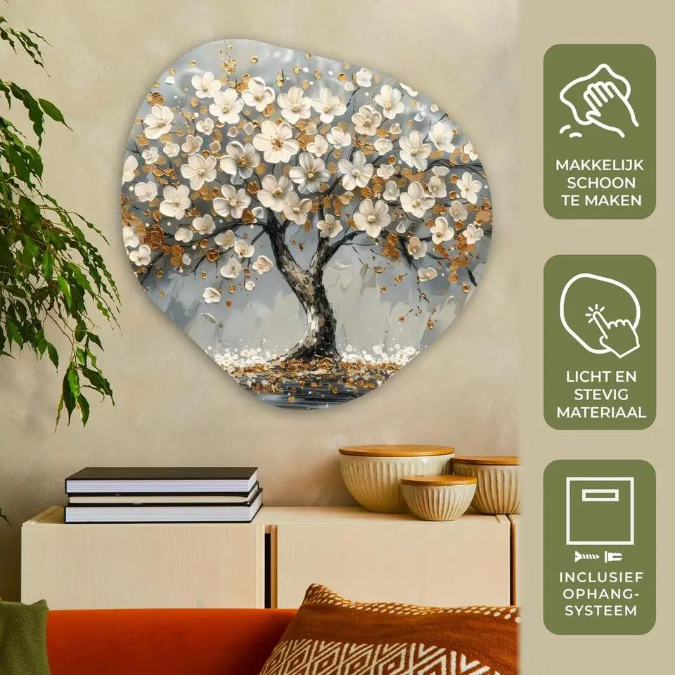 MuchoWow Wand decoratie 90x90cm Boom Goud Bloemen Abstract