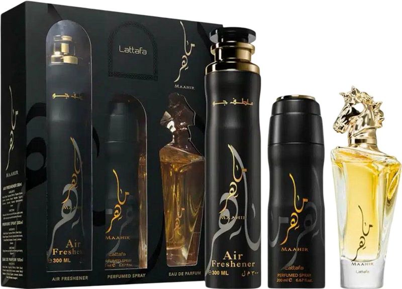 Lattafa - Maahir - Geschenkset - Unisex - 100 ml Parfum - 200 ml Deodorant - 300 ml Luchtverfrisser