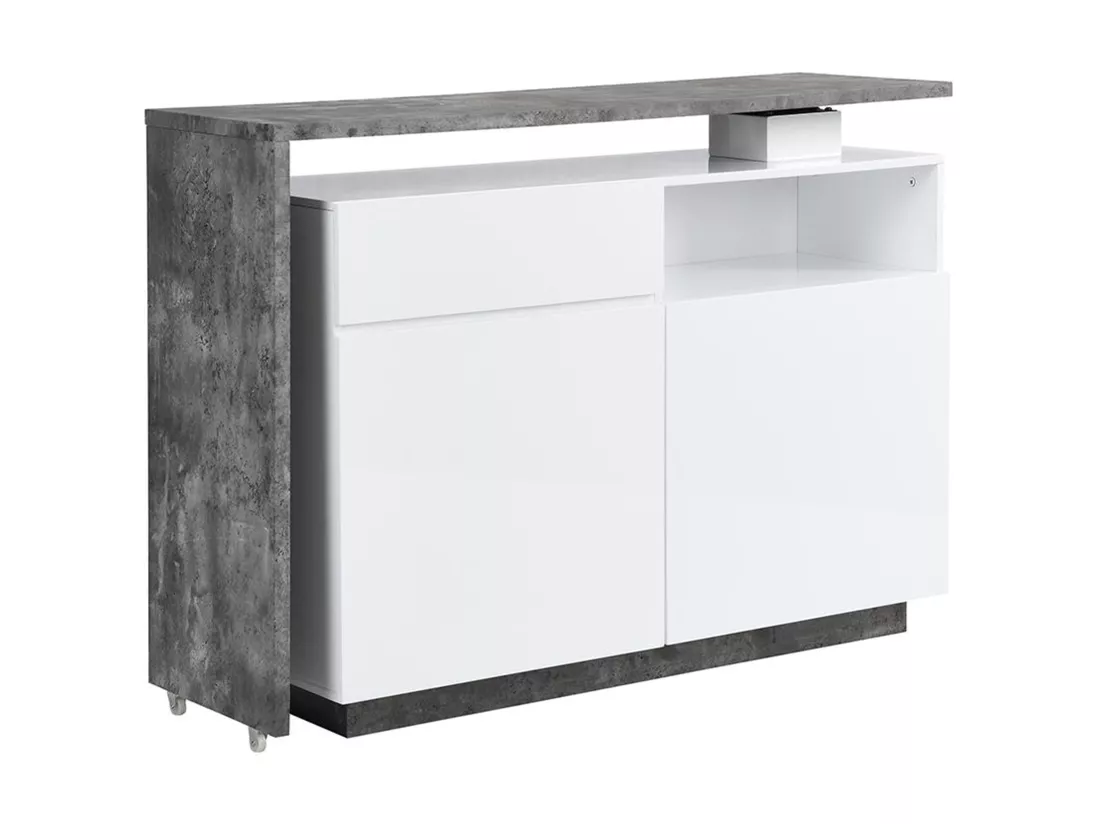 Meuble de bar pivotant avec 2 portes, 1 tiroir et 1 niche en MDF - Blanc laqué et Béton - ELDIR