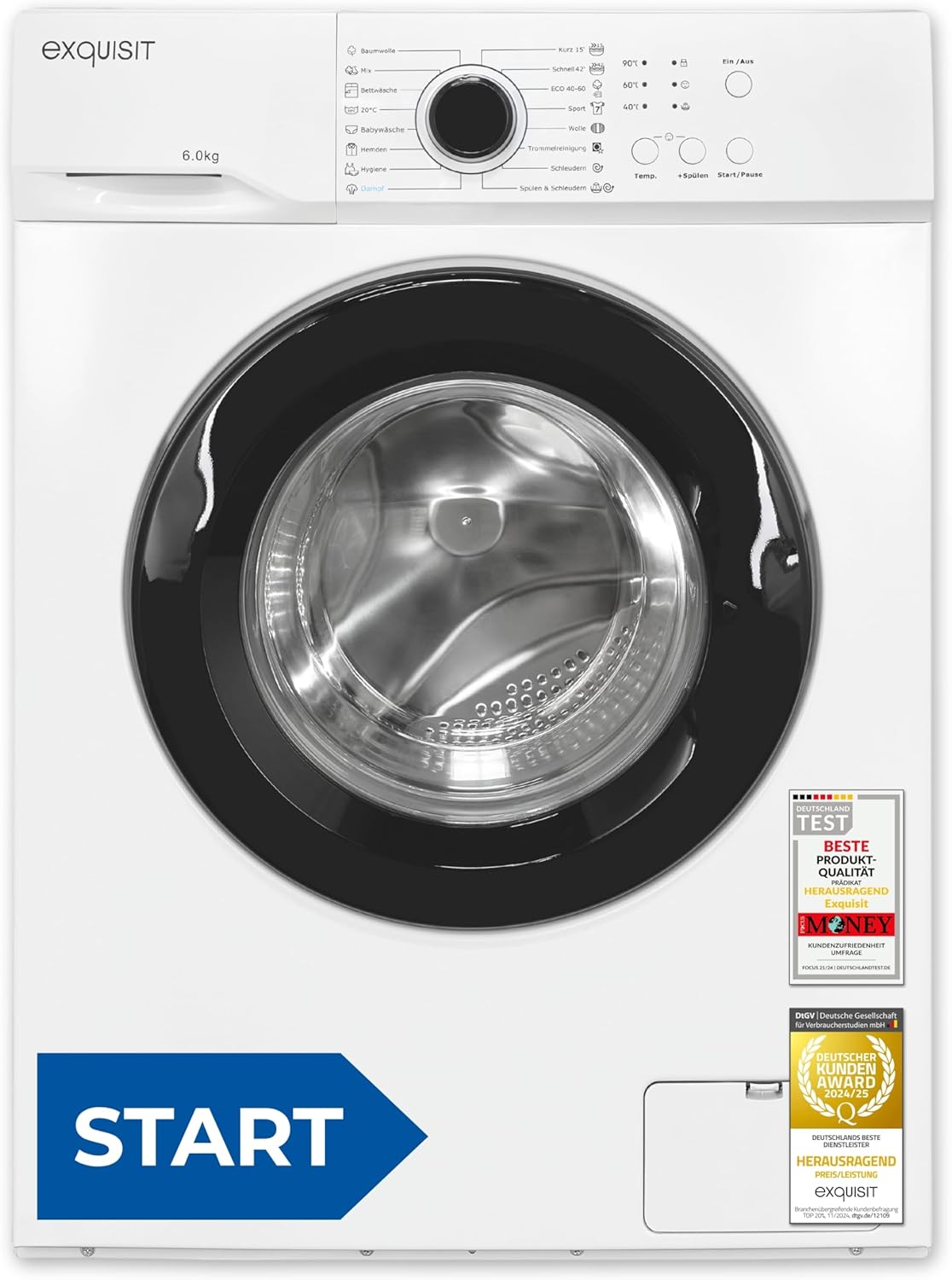 Exquisit Waschmaschine | 6 kg Nennkapazität, 1000 U/Min, Energieklasse A, 76 dB(A), 85 x 60 x 44 cm | 16 Programme, Eco 40-60, Kurzprogramm, manuelle Temperaturwahl, Aquastop | WA56110-020A weiss