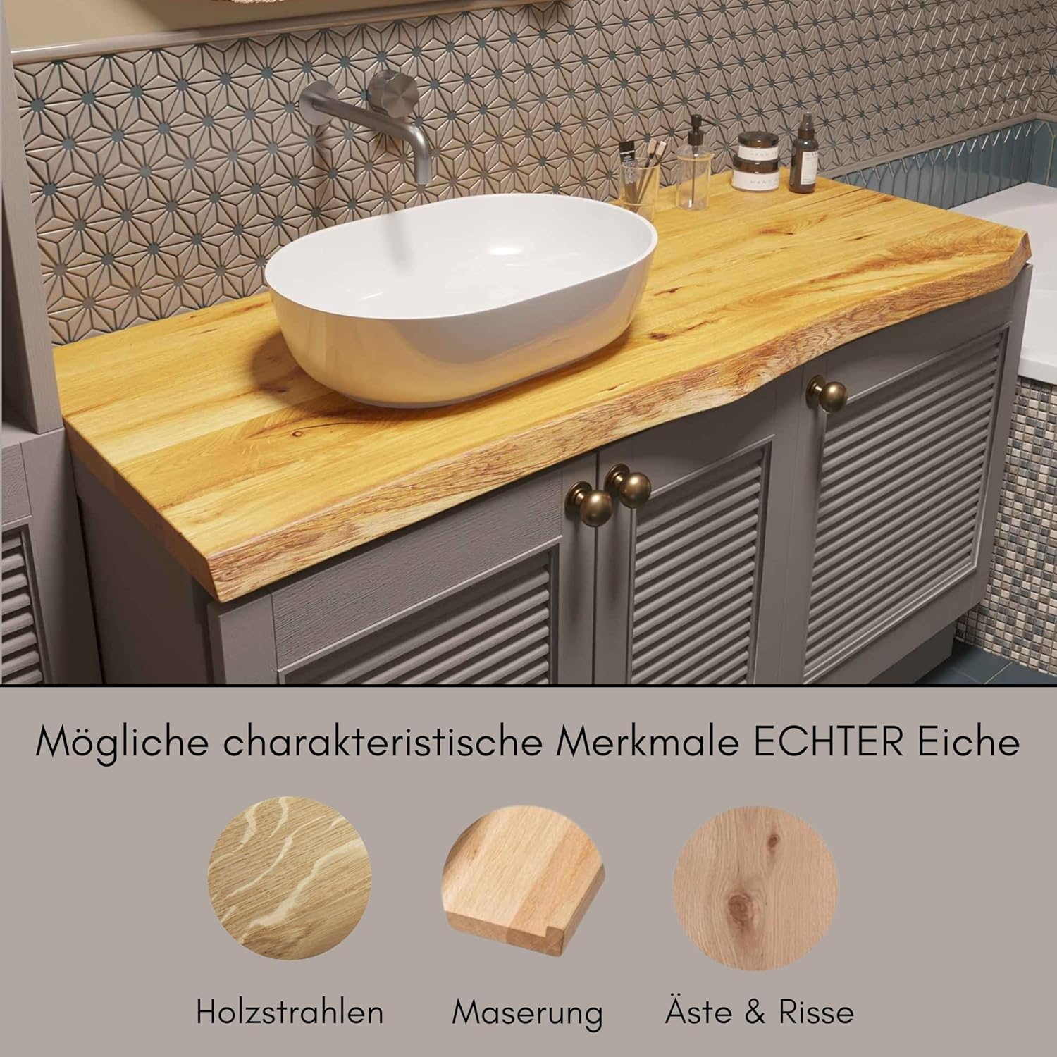 BestLoft Waschtischplatte Holz (Länge: 60 cm/Breite: 30-35 cm) Waschtisch Holz Eichenbrett Massiv 40 mm dick Tischplatte Baumkante Waschplätze rustikale Waschtischkonsole Massivholzplatte