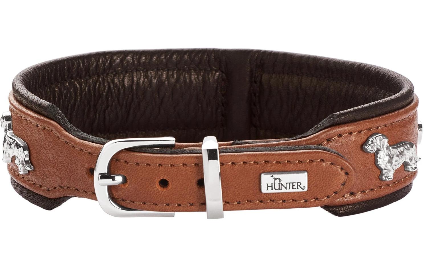 Teckel-Halsband München 32/XS, Rindsleder, Cognac/SchwarzKlassisches Halsband für Hunde mit auffälligen Dackel-Besätzen