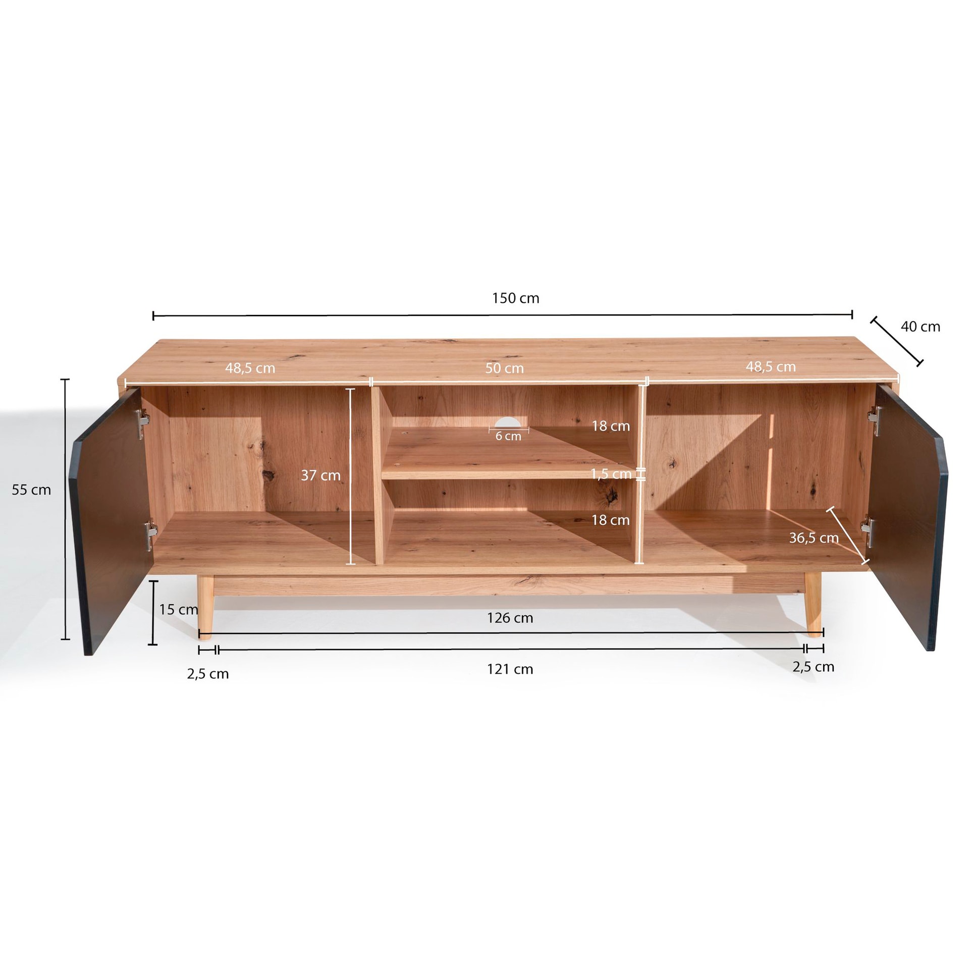 Lowboard 150 x 55 cm Eiche-Dekor/schwarz