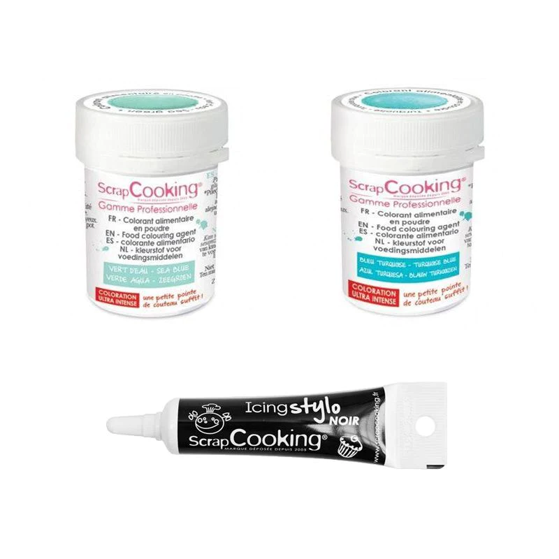 2 colorants alimentaires turquoise-vert d'eau + Stylo glaçage noir Scr