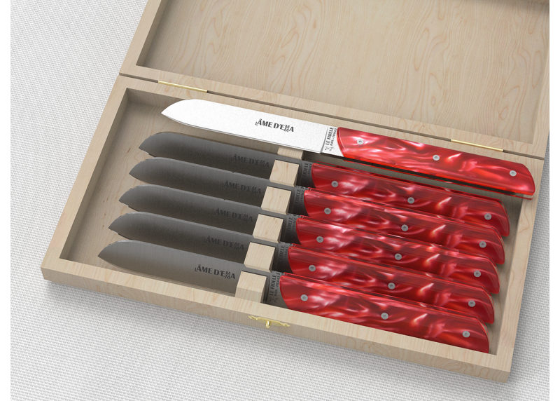 Service de 6 couteaux de table avec un manche en Madreperlato Rouge et lame en acier inoxidable