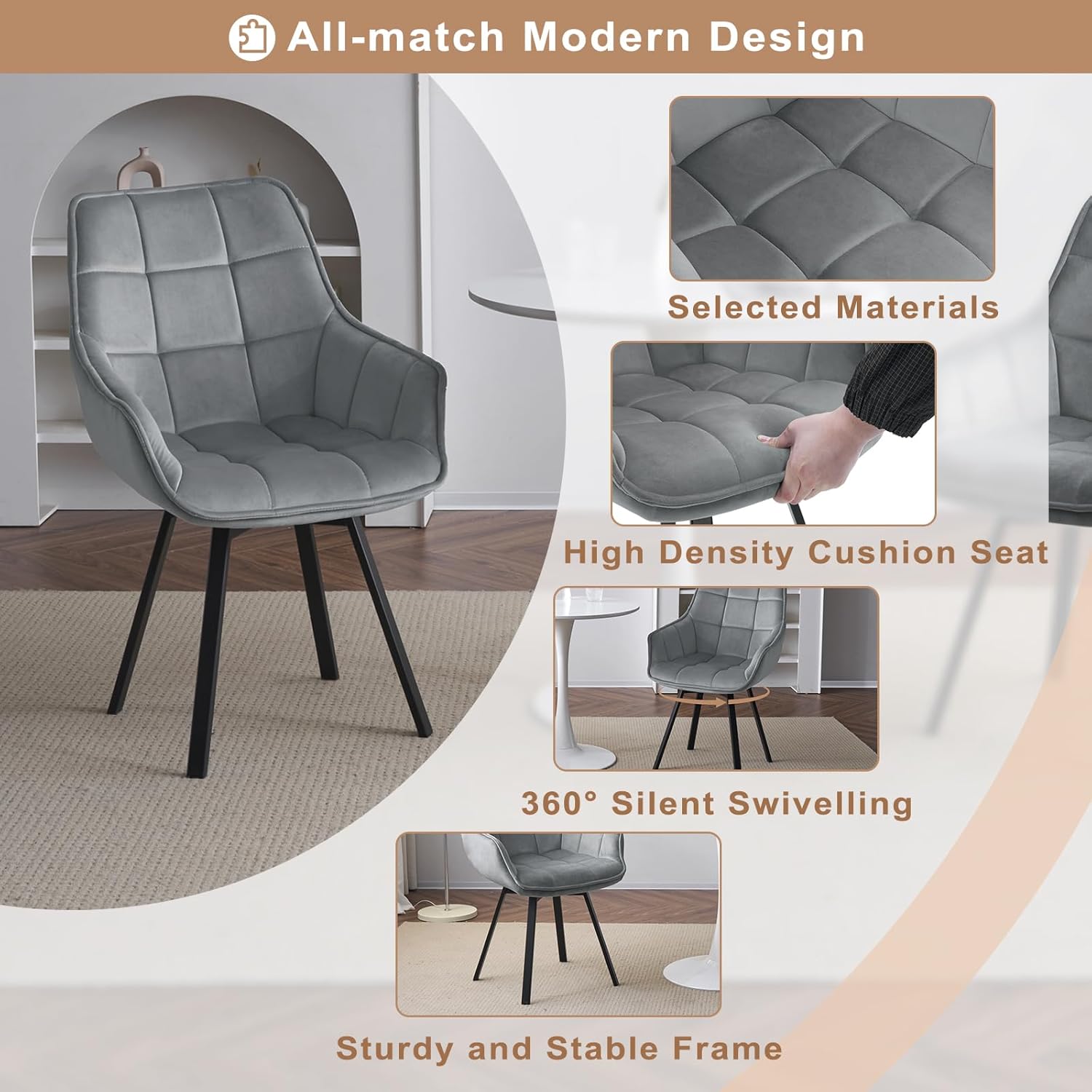 EUGAD Esszimmerstühle 4er Set drehbar, für Esszimmer Wohnzimmer, Bequeme Küchenstühle mit Armlehnen, Rückenlehne, Metallbeinen, modern, Dunkelgrau