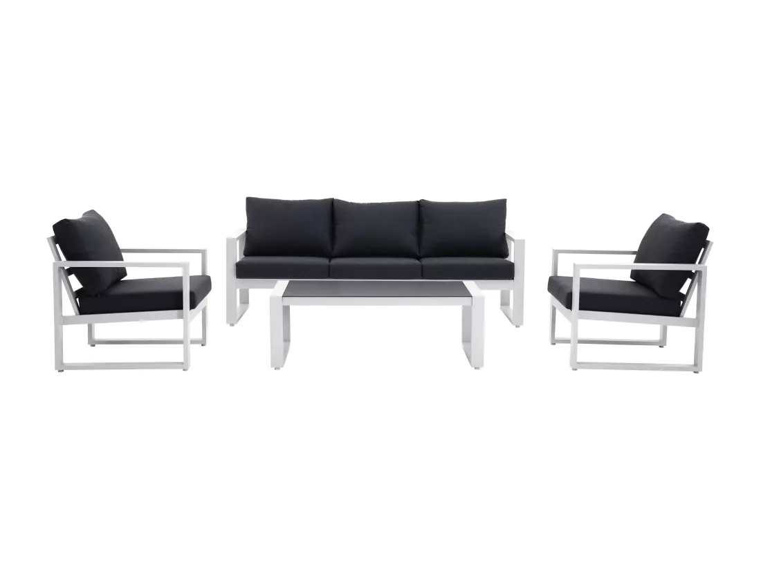 Salon de jardin en aluminium : un canapé 3 places, 2 fauteuils et une table basse - Blanc coussins noirs - JALLY de MYLIA