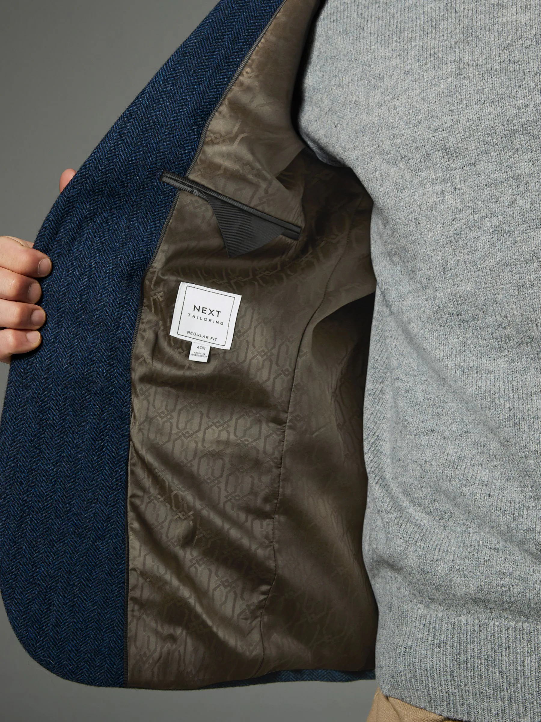 Blauw - Normale Pasvorm - Blazer met visgraatmotief en hoog wolgehalte