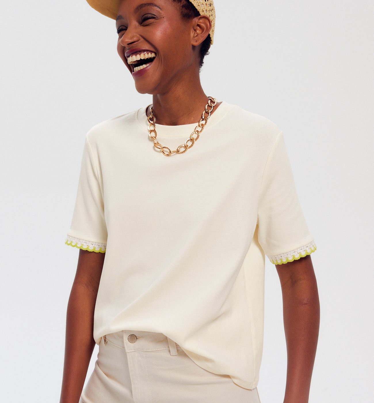 T-shirt détail crochet Femme - Ecru