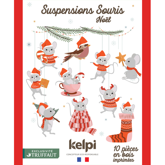 Suspensions en bois DIY thème Les petites souris de Noël H.9 cm x 10