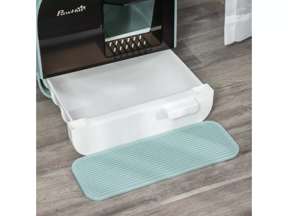 Maison de toilette bac à litière pour chat avec porte battante, pelle et filtre inclus dim. 43L x 44l x 47H cm PP bleu