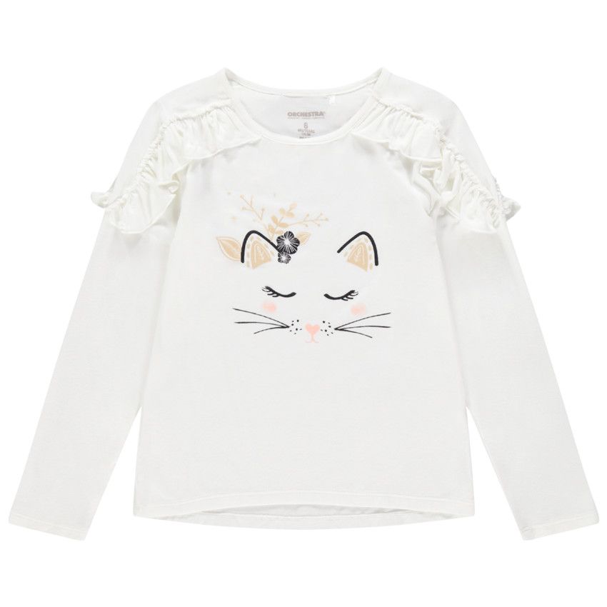 T-shirt manches longues volanté print chat - Ecru