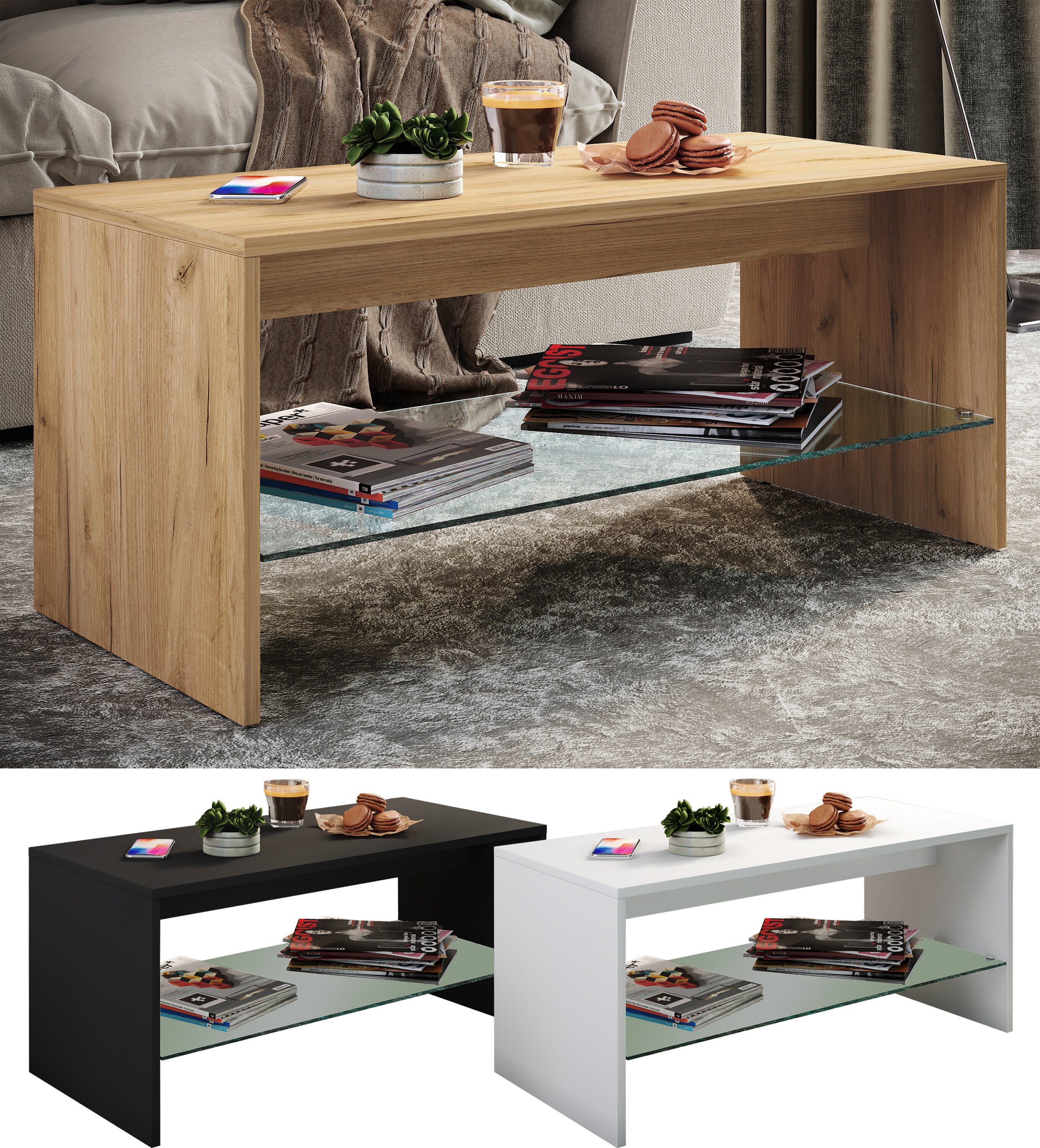 VCM Holz Couchtisch Sofatisch Wohnzimmertisch Beistelltisch Glas Wisal