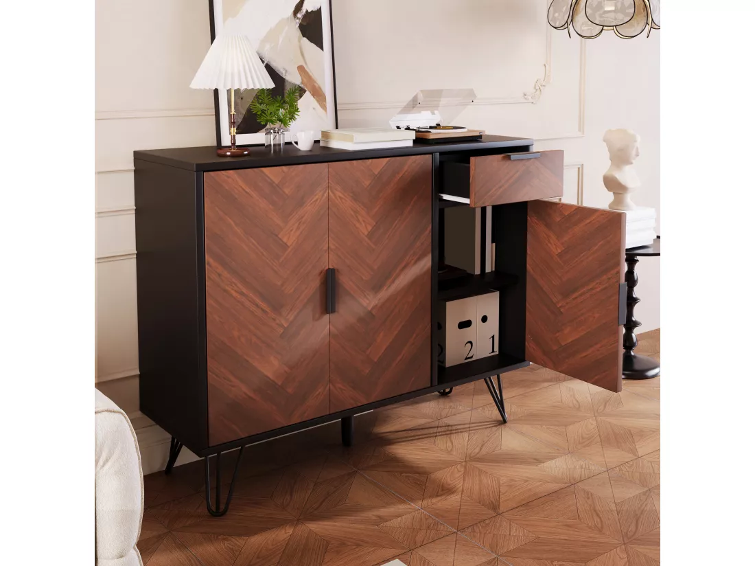 Buffet avec 3 portes et 1 tiroir - 90 x 30 x 71,5 cm - étagères réglables - MDF et panneau de particules - Noir et bois