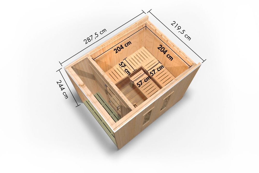 Karibu 73 mm Saunahaus Lejana inkl. Saunaofen mit eingebauter Steuerung 9 kW naturbelassen oder schwarz