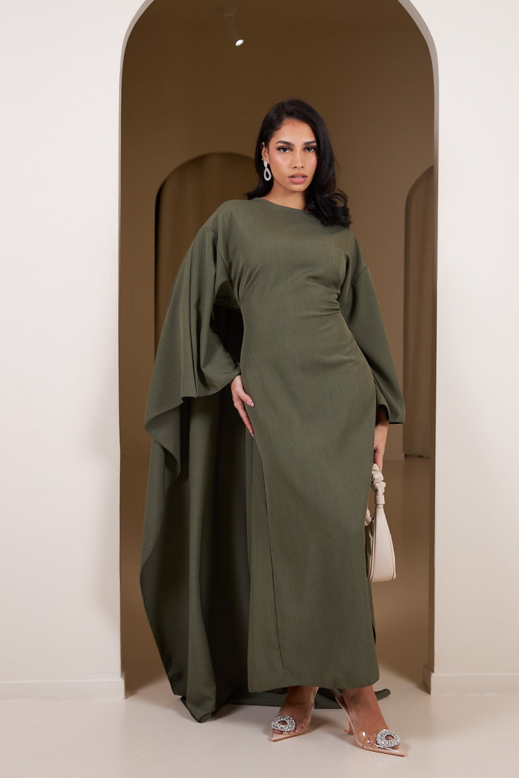 Robe kaki ample à manches chauves-souris ceinturée