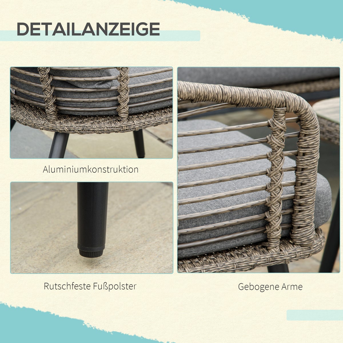 Outsunny 4-delige tuinmeubelset, 135B x 67D x 76H cm, aluminium, PE rotan, polyester, gehard glas, grijs