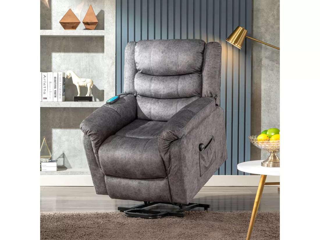 Fauteuil massant en tissu - Fauteuil électrique inclinable avec repose-pied - Gris