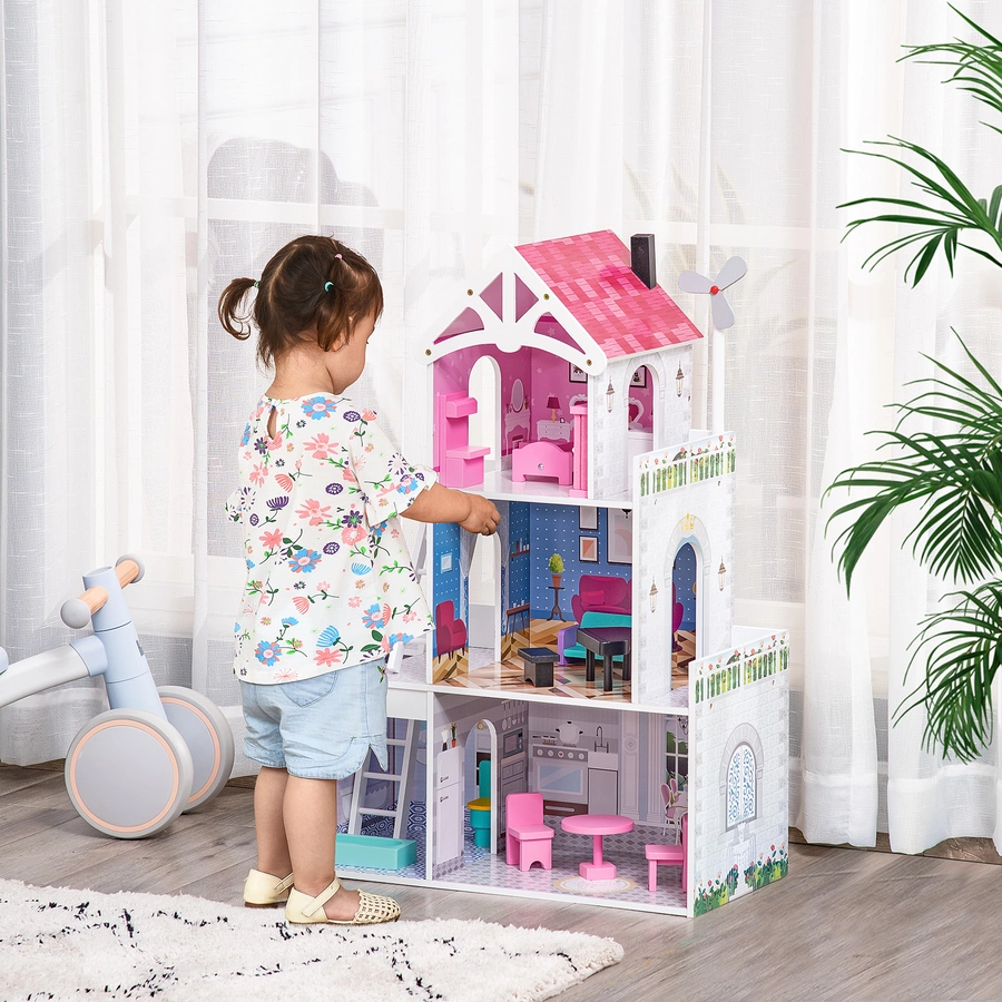 HOMCOM Kinder Puppenhaus mit 3 Etagen rosa