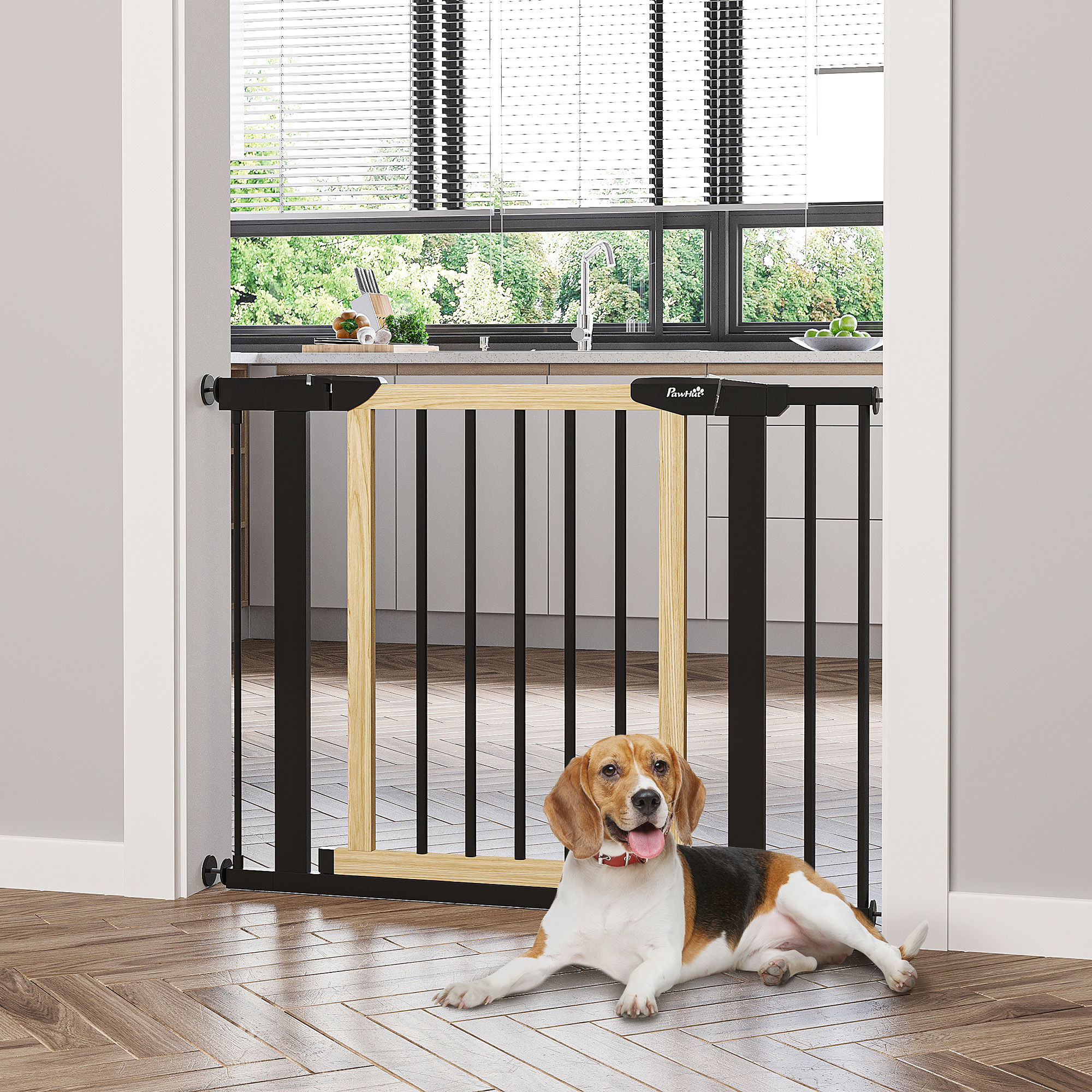 Portão de segurança extensível para cães PawHut, ideal para escadas e portas, 75-103 cm, com 2 extensões de aço, fechamento automático e sistema de travamento duplo, preto.