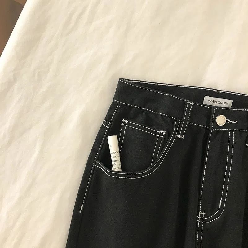 Hanji - Hoge taille contrasterende gestikte losse jeans