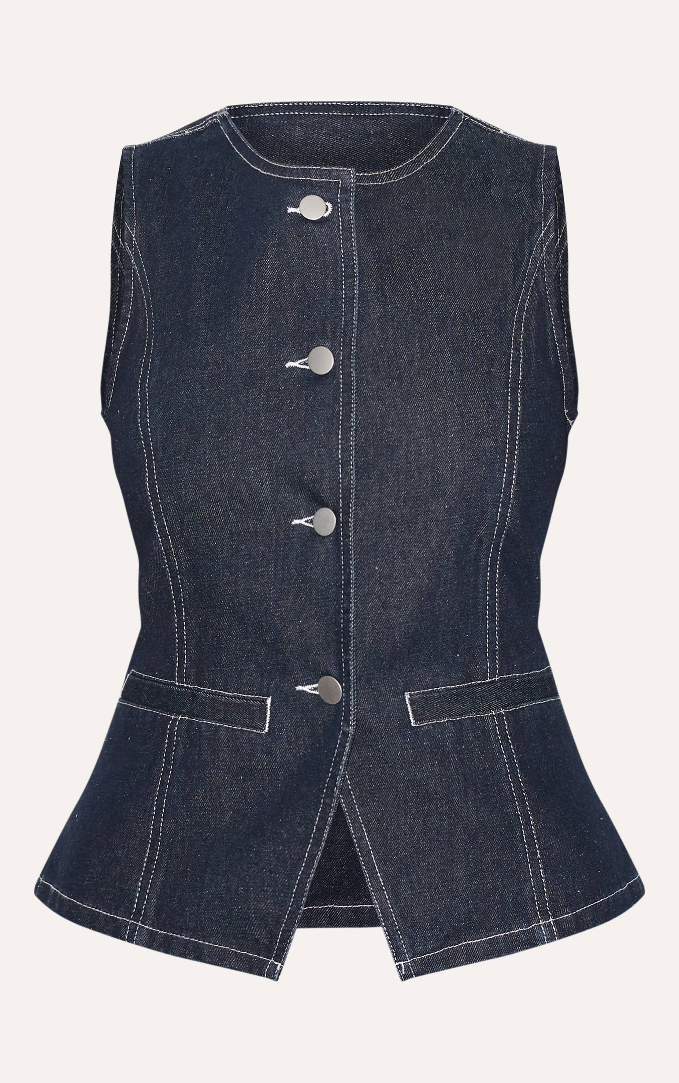 Raw Indigo Wash Gilet Long En Jean À Col Rond