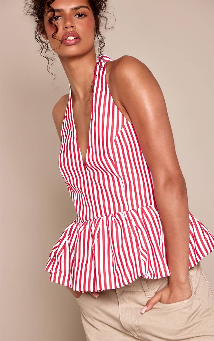 Red Stripe Top Péplum Tissé À Col Halter