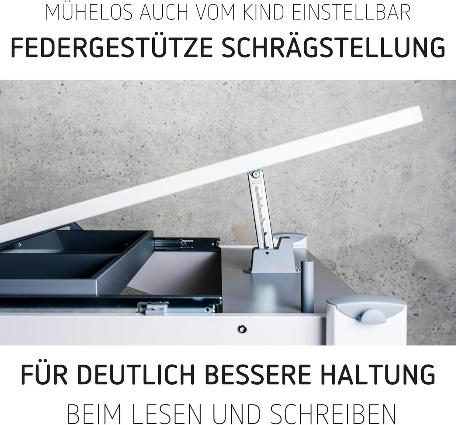 Moll Sprinter CP Kinderschreibtisch höhenverstellbar | mitwachsend, ergonomisch & neigbar für aufrechtes Sitzen | ideal für Schulkinder | Schreibtisch weiß optional mit Schublade | Made in Germany