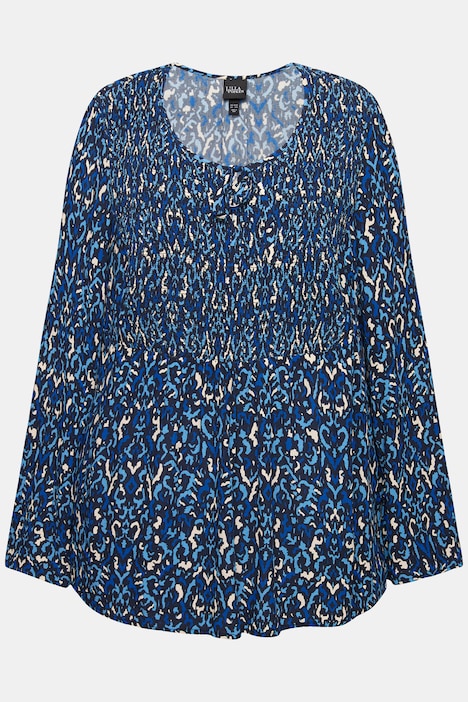 Bluse, gesmokt, Rundhals, ausgestellter Langarm