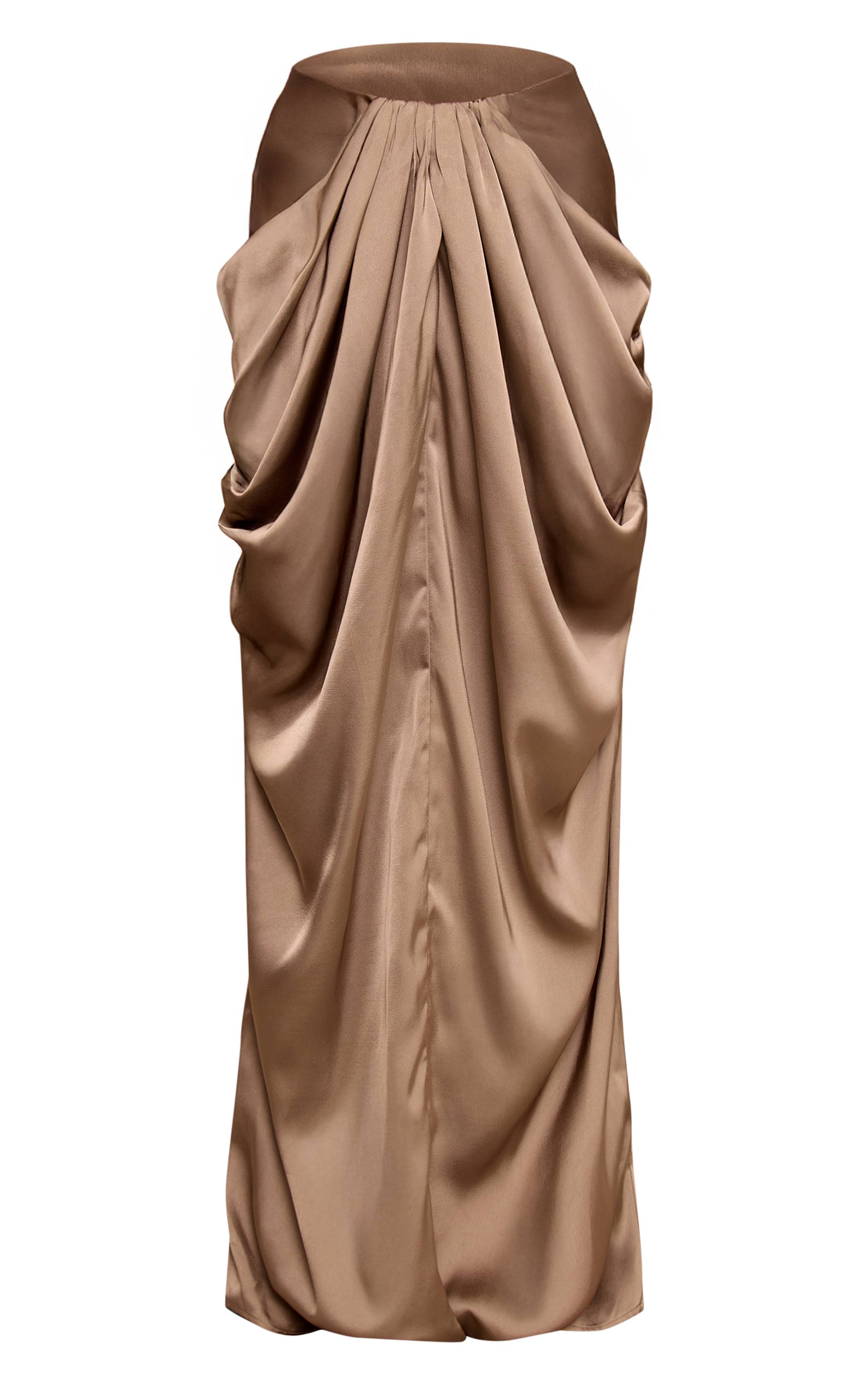 Taupe Jupe Longue Drapée Taille Basse En Satin Petite