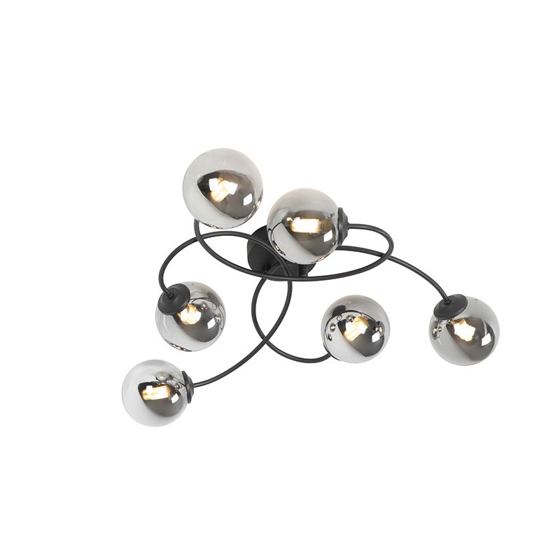 Moderne plafondlamp zwart 6-lichts met smoke glas - Athens