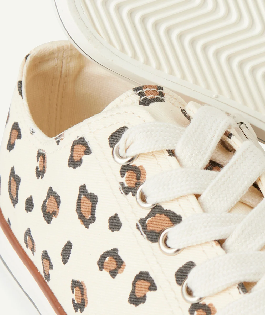 baskets en toile fille écru avec imprimé léopard à lacets et zip