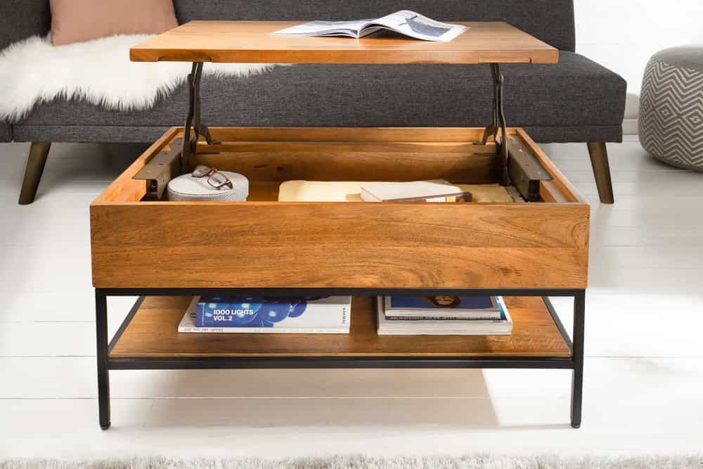 Höhenverstellbarer Couchtisch FACTORY LIFTUP 80cm Mangoholz massiv mit Stauraum Metall