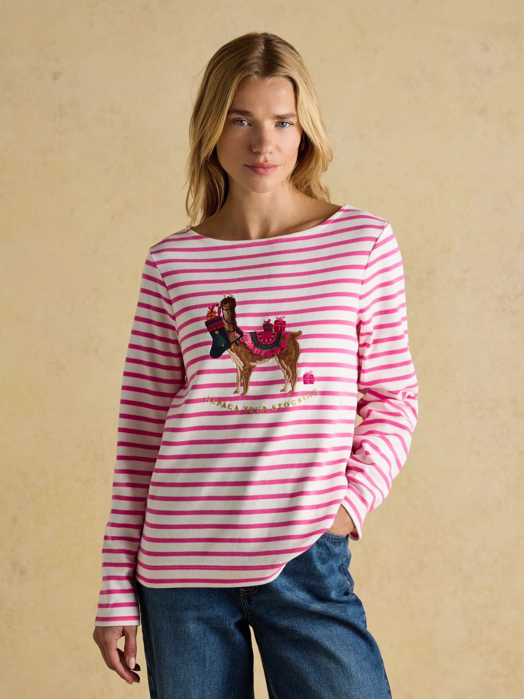 Alpaca Cream/Pink - Joules Christmas Harbour Boat Neck Breton Top
