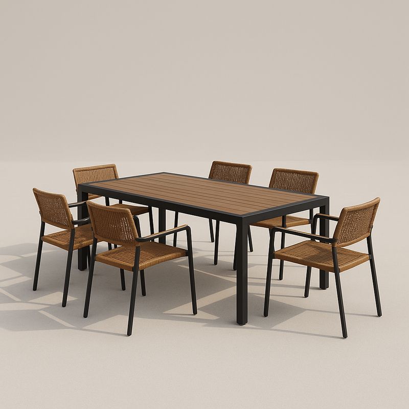 Gartentisch-Set mit 6 Stühlen Aluminium Polyholz Geflecht Braun Schwarz