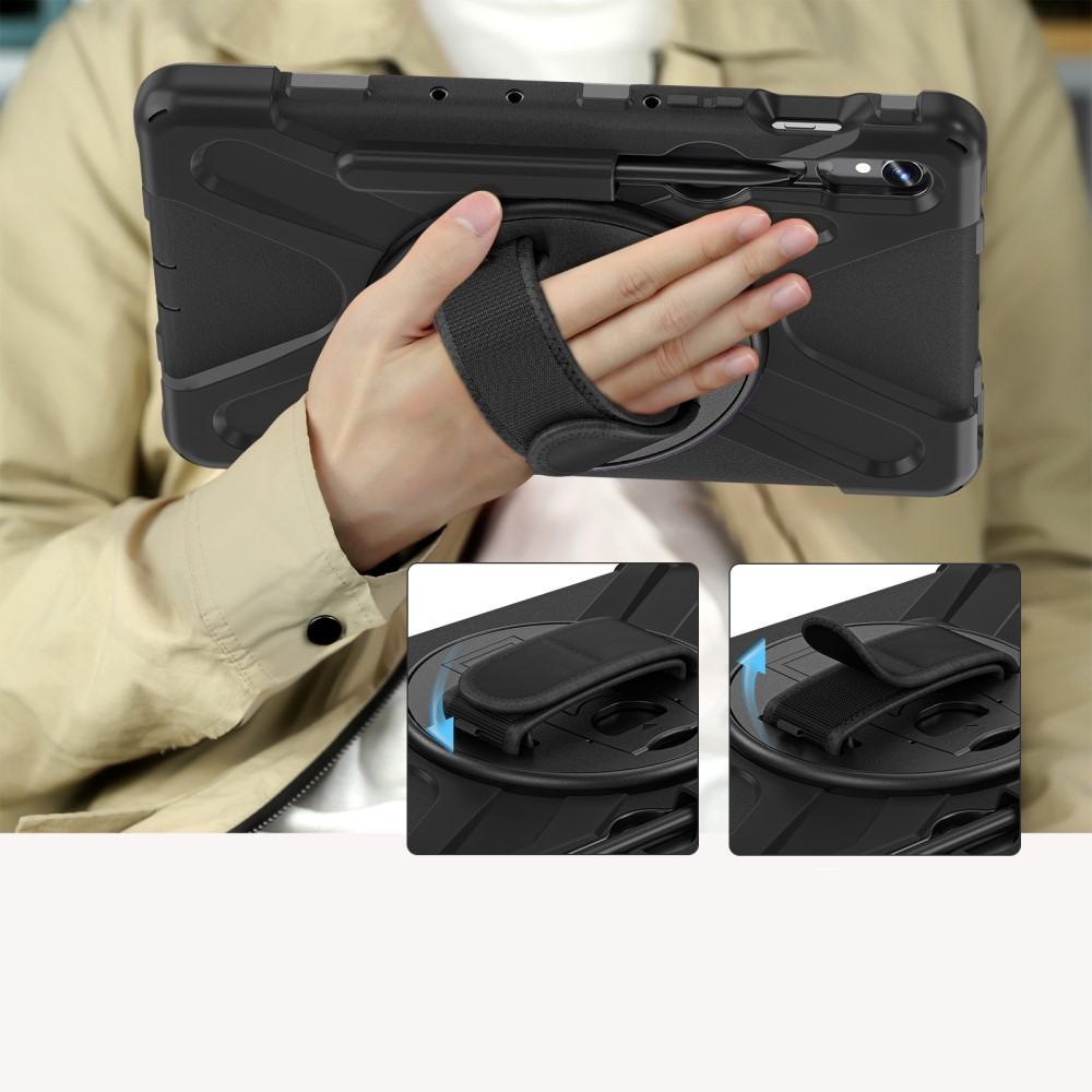 Samsung Galaxy Tab S10 Lite / S10 FE / Tab S9 FE / S9 Hybrid Outdoor Silikon Case Hülle mit Aufsteller und Handschlaufe - Schwarz