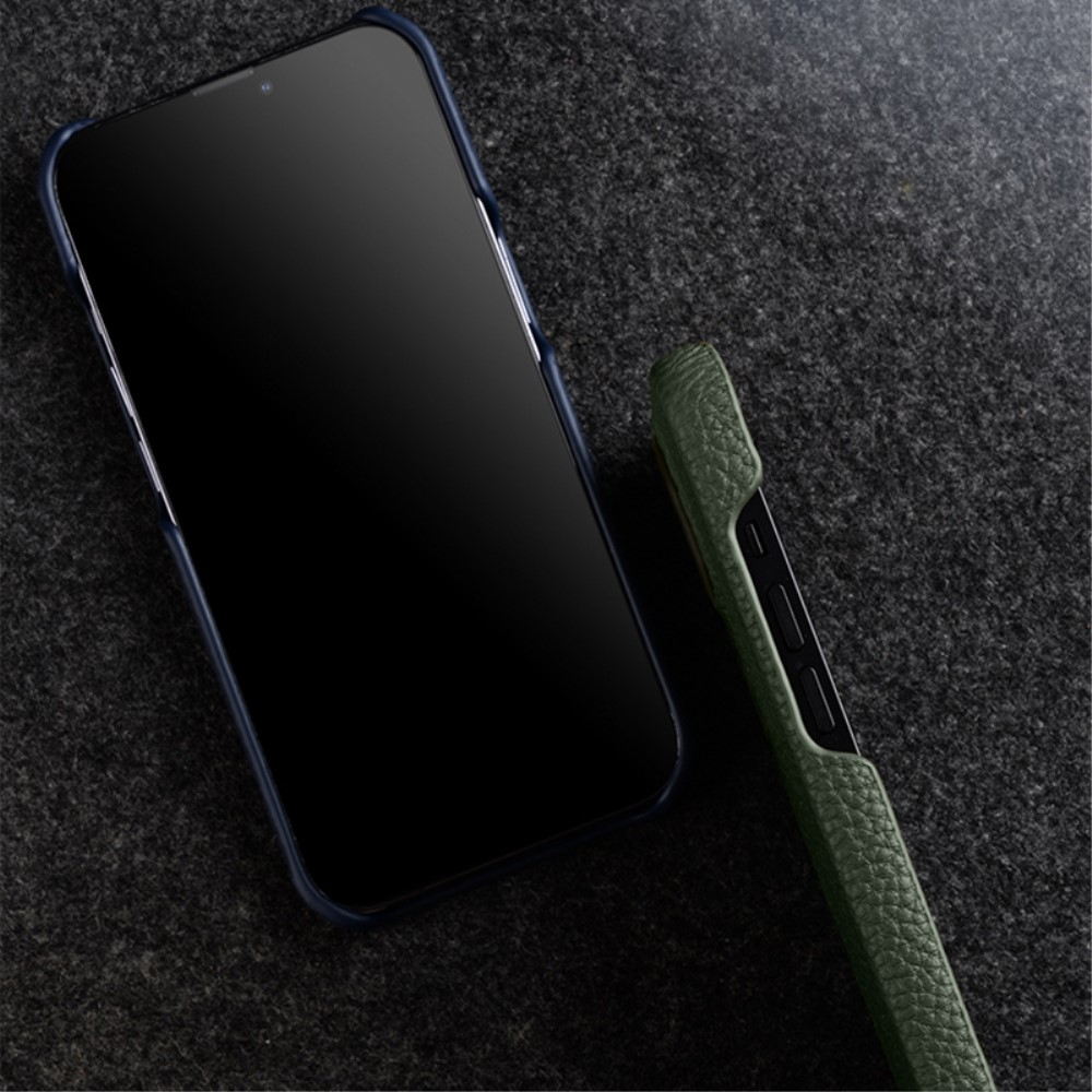 iPhone 14 Pro Max Echtleder Hardcase Hülle Litchi Look - Schwarz